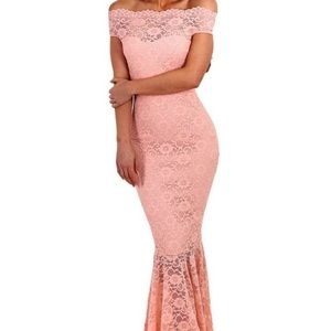 Off The Shoulder Lace Pink Maxi Dress